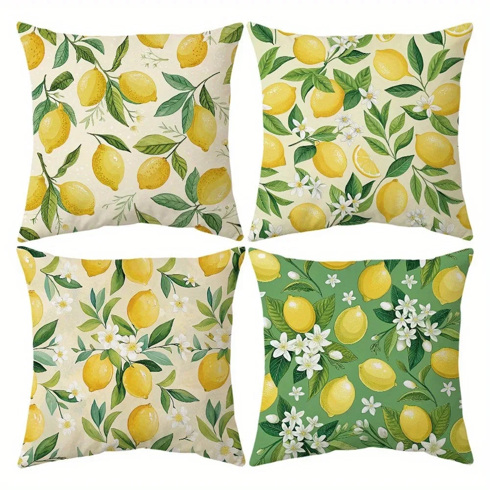 housse coussin carré moderne motif citron feuilles fleurs beige vert jaune opaques salon chambre
