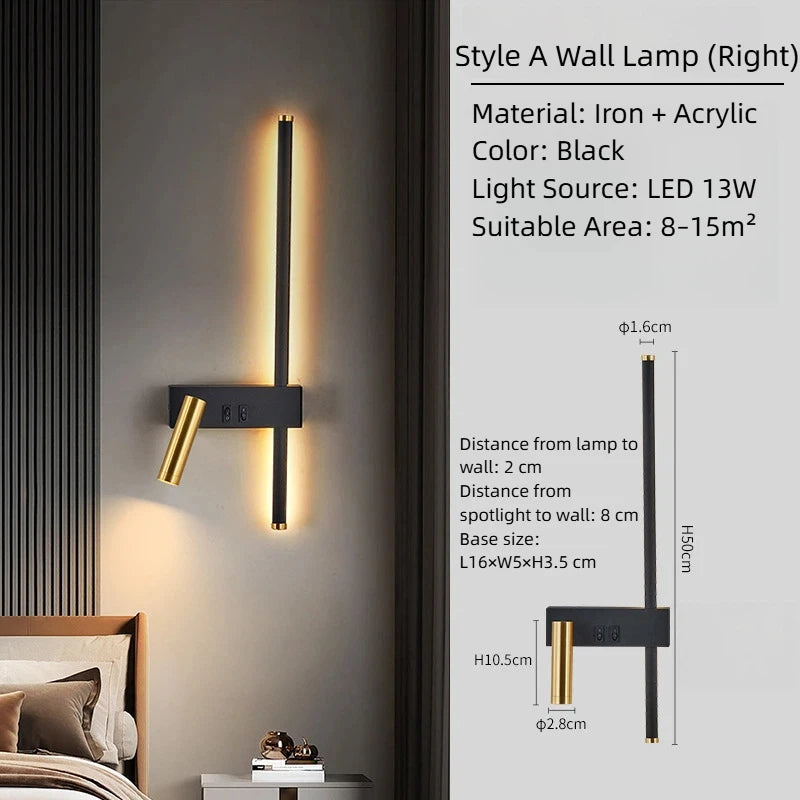 lampe murale moderne led noir doré orientable salon chambre coucher minimaliste