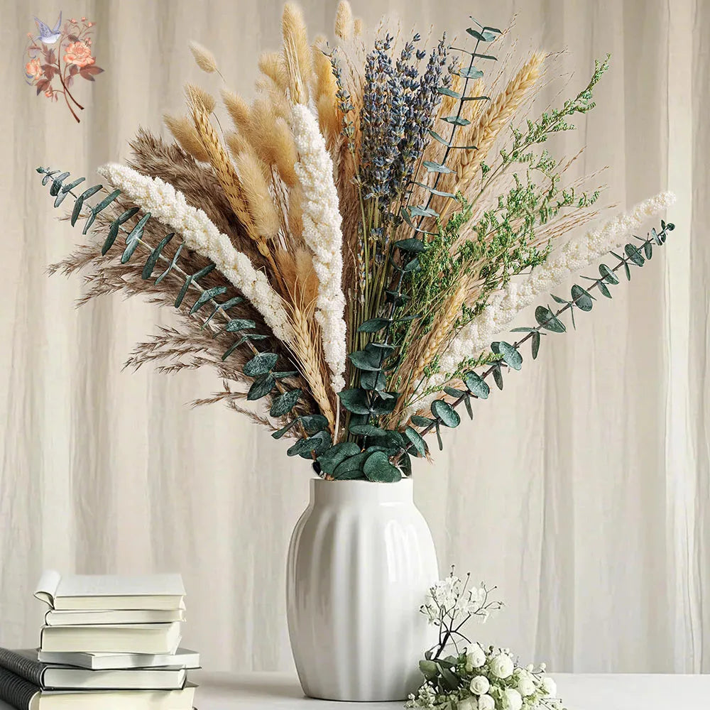 bouquet fleurs séchées naturelles divers motifs floral decoration maison anniversaire baby shower vert beige