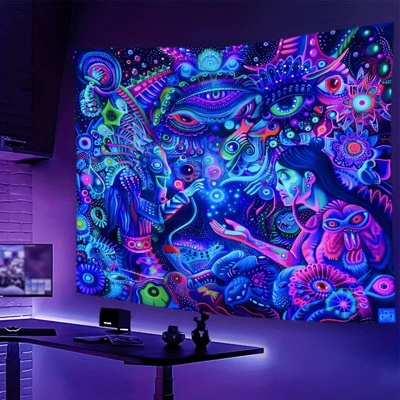 tapisserie psychédélique abstraite oeil floral violet bleu verte noir moderne chambre décoration uv neon