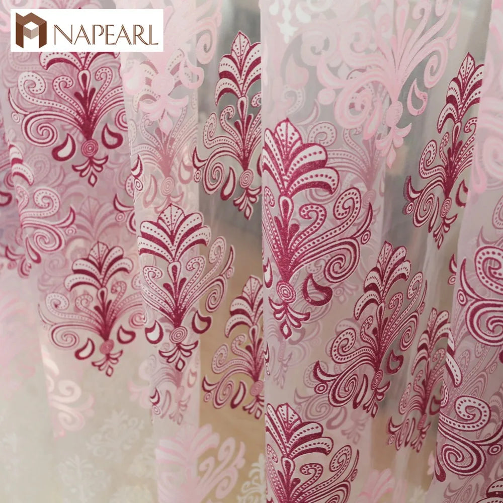 rideau floral rose transparent classique inclusion tulle polyester européen