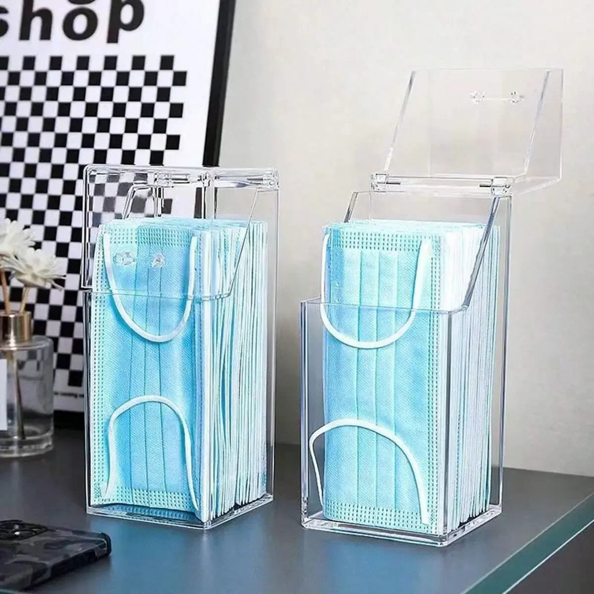 boîte rangement masques jetables transparente bleu clair moderne pratique poignées blanches 50pcs 40pcs