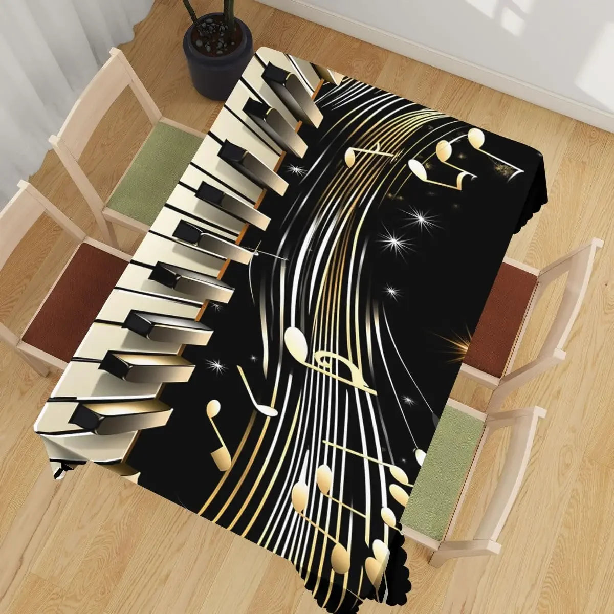 nappe rectangulaire piano noire blanche notes géométrique moderne étoiles scintillantes réutilisable polyester festive