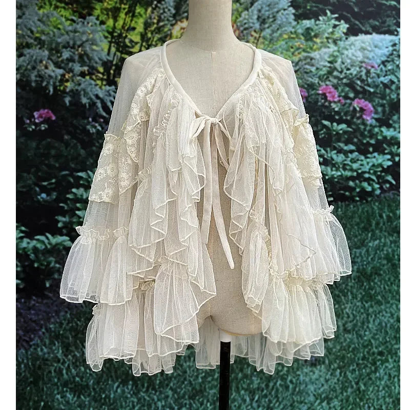 jupe femme lolita blanche dentelle volants superposés vintage romantique ceinture nouer taille ajustable