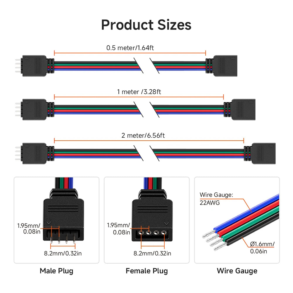 câbles led connecteurs mâle femelle 4pin 5pin 6pin 5pcs 100cm 200cm 50cm clips modernes