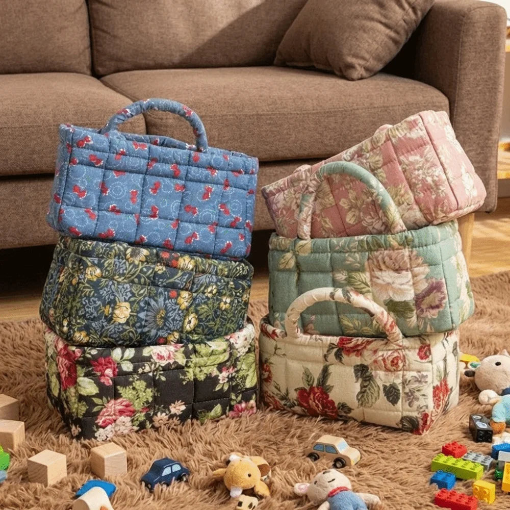 sac main fleur bleu vert beige réutilisable poignées vintage opacité multifonction portable