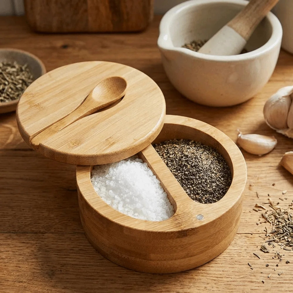 boîte épices bois naturel moderne compartiments cuillère sel poivre minimaliste