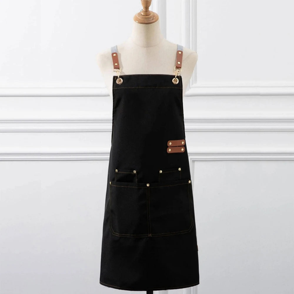 tablier cuisine imperméable toile noir beige classique utilitaire poche avant épaulettes métal