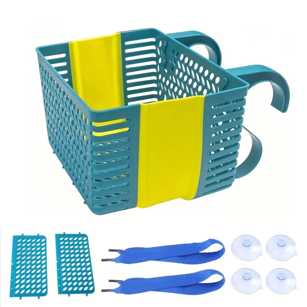 panier rangement bleu blanc perforé moderne ventilé poignées détachables adhésifs grilles bain plage utilitaire