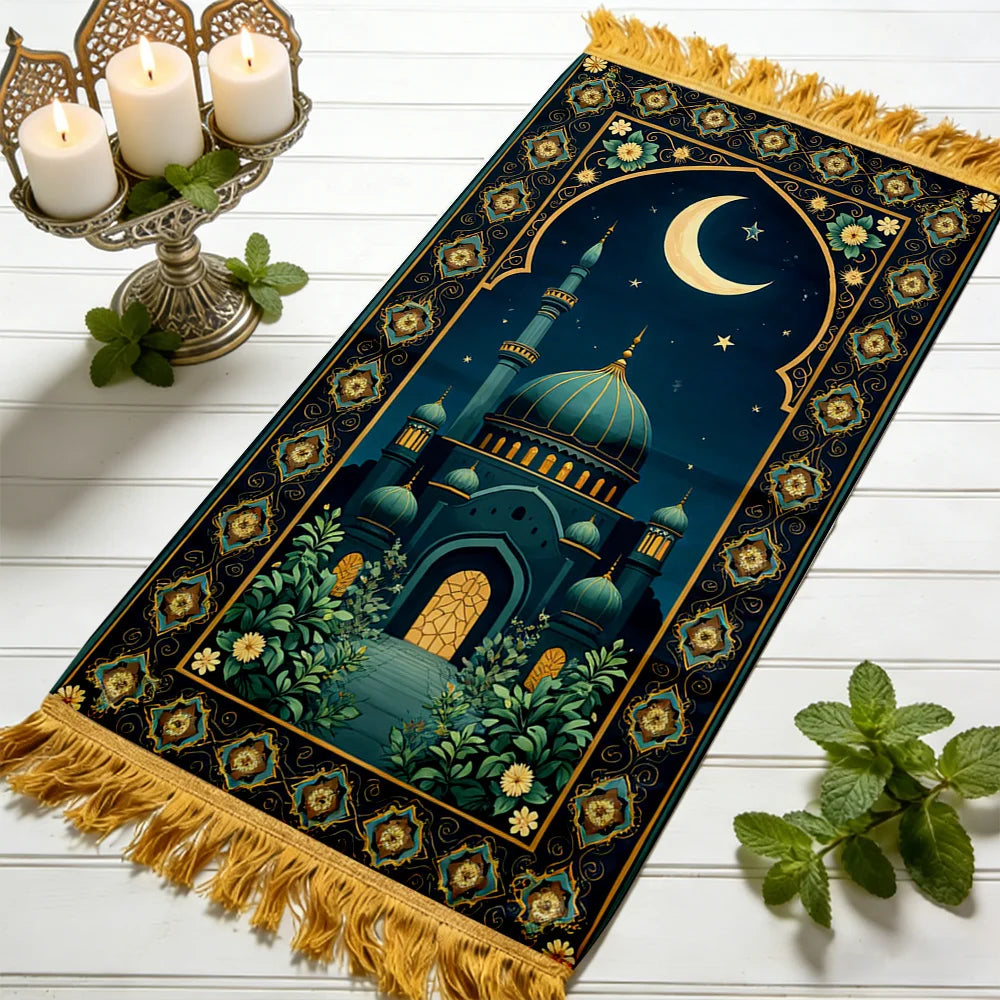 tapis prière islamique bleu nuit motif fleur étoile lune imperméable polyester
