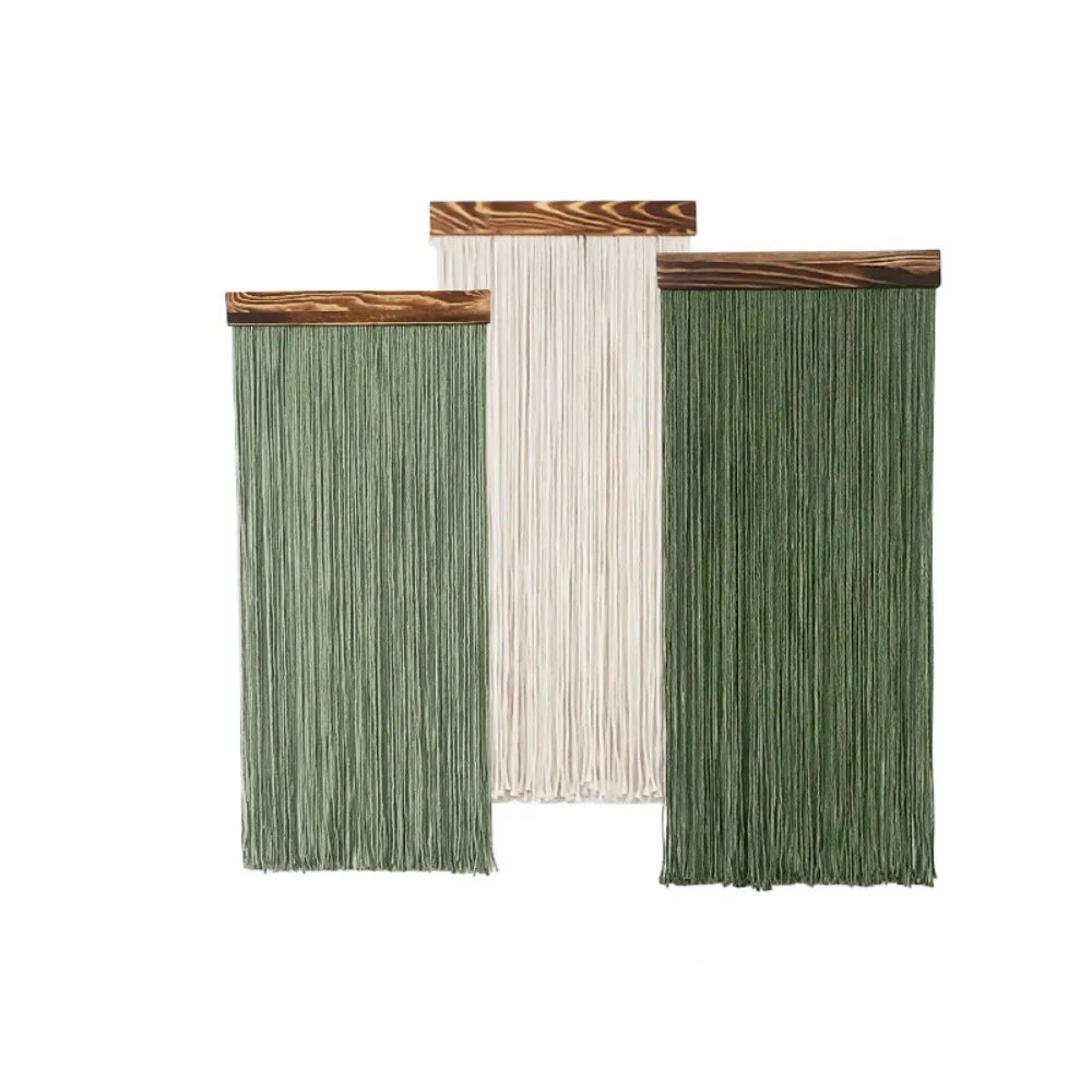 rideau franges vert olive blanc moderne minimaliste coton tissé main finition bois