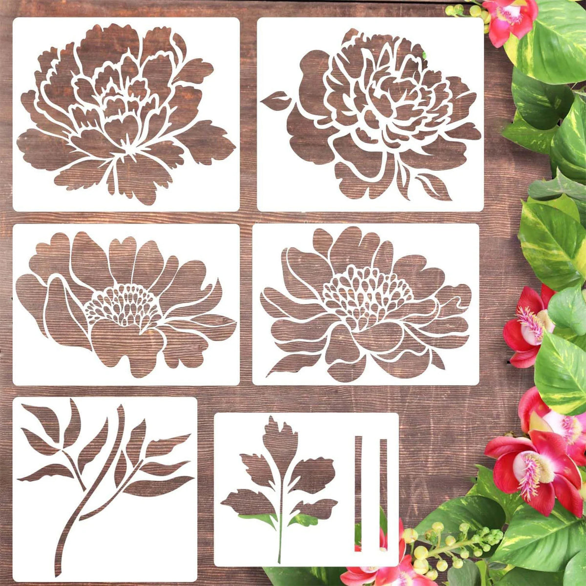 stencils fleurs pivoines feuilles adhésifs artisanal blanc brun gris deco murales