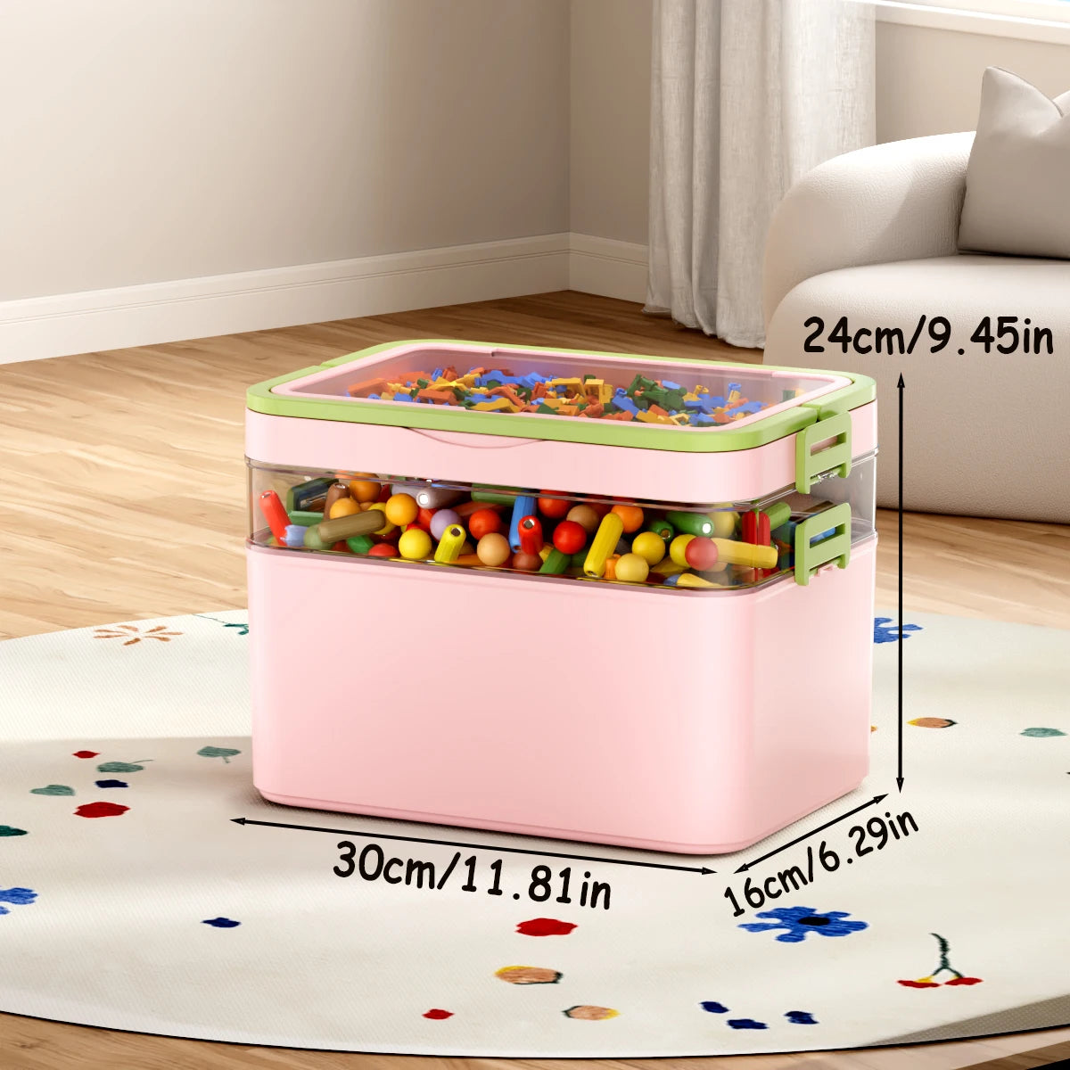 boîtes rangement transparentes empilables jouets colorés moderne poignées vert rose jaune