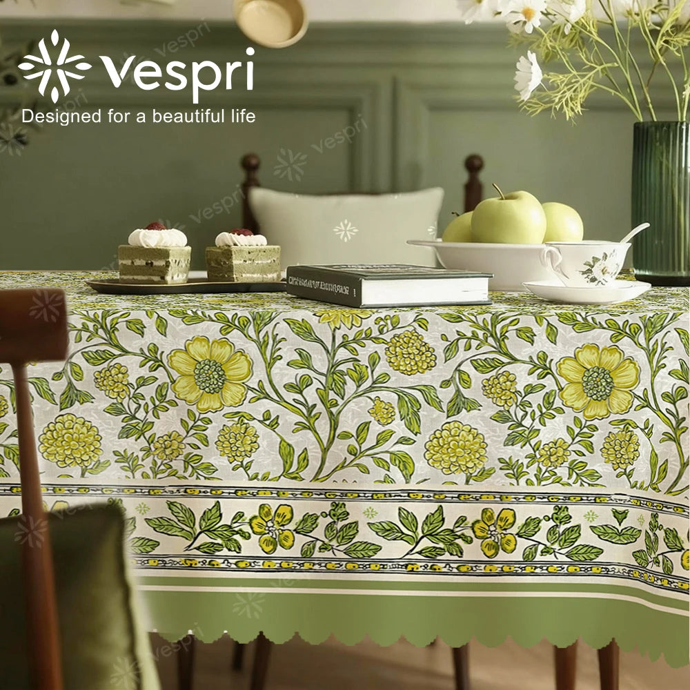 nappe table fleurs feuilles verte blanche classique réutilisable cuisine tasse thé pomme livre ovale
