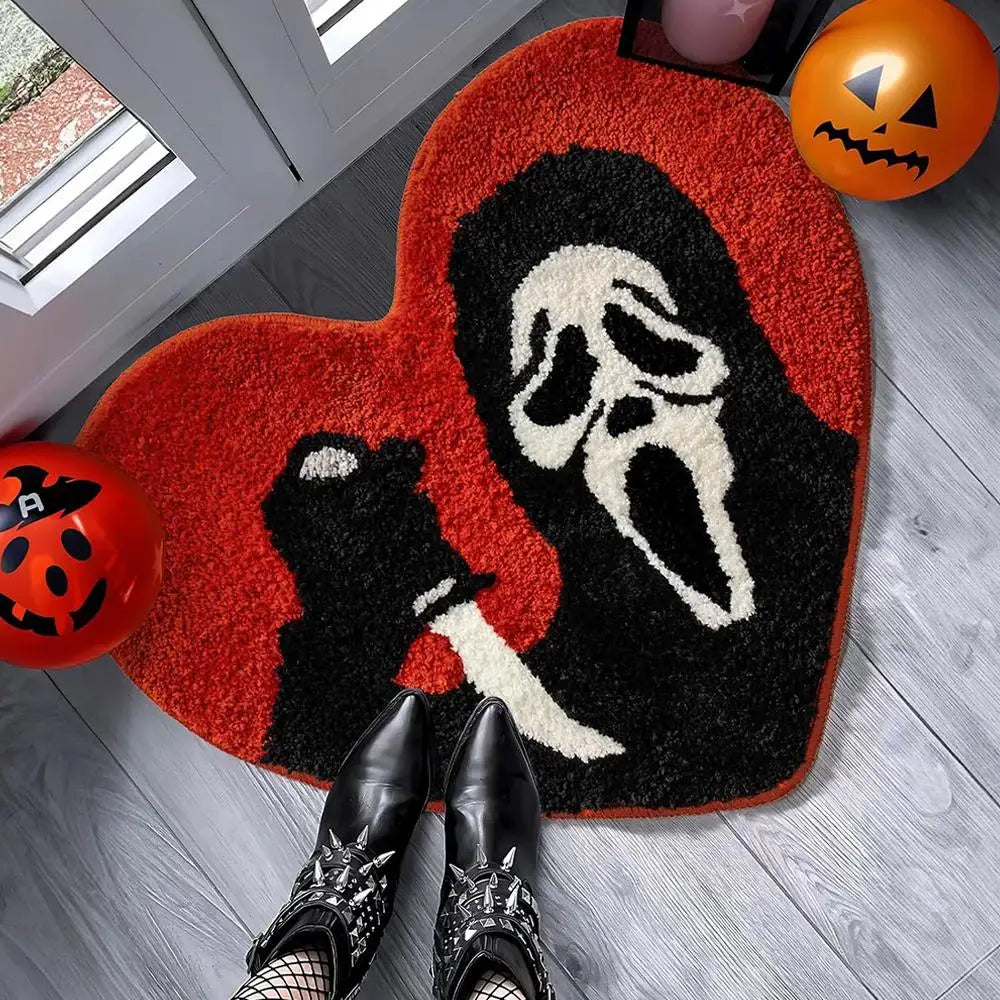 tapis porte salle bain rouge noir blanc crâne halloween texture épaisse moderne graphique