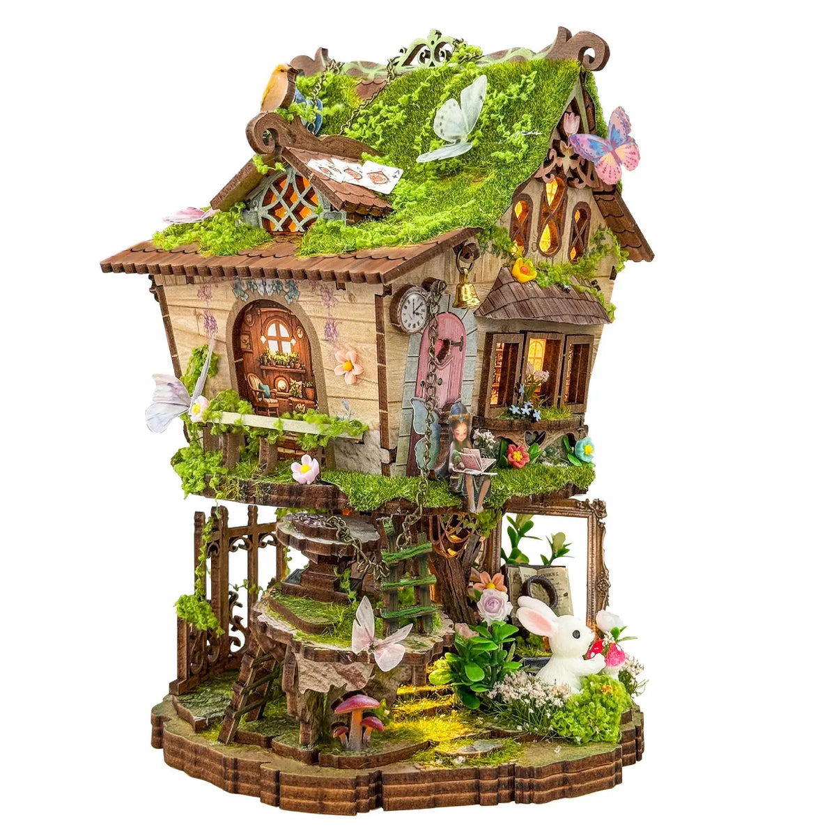 maisonnette décorative illuminée kit monter figurines elfe lapin éléments floraux conte fée