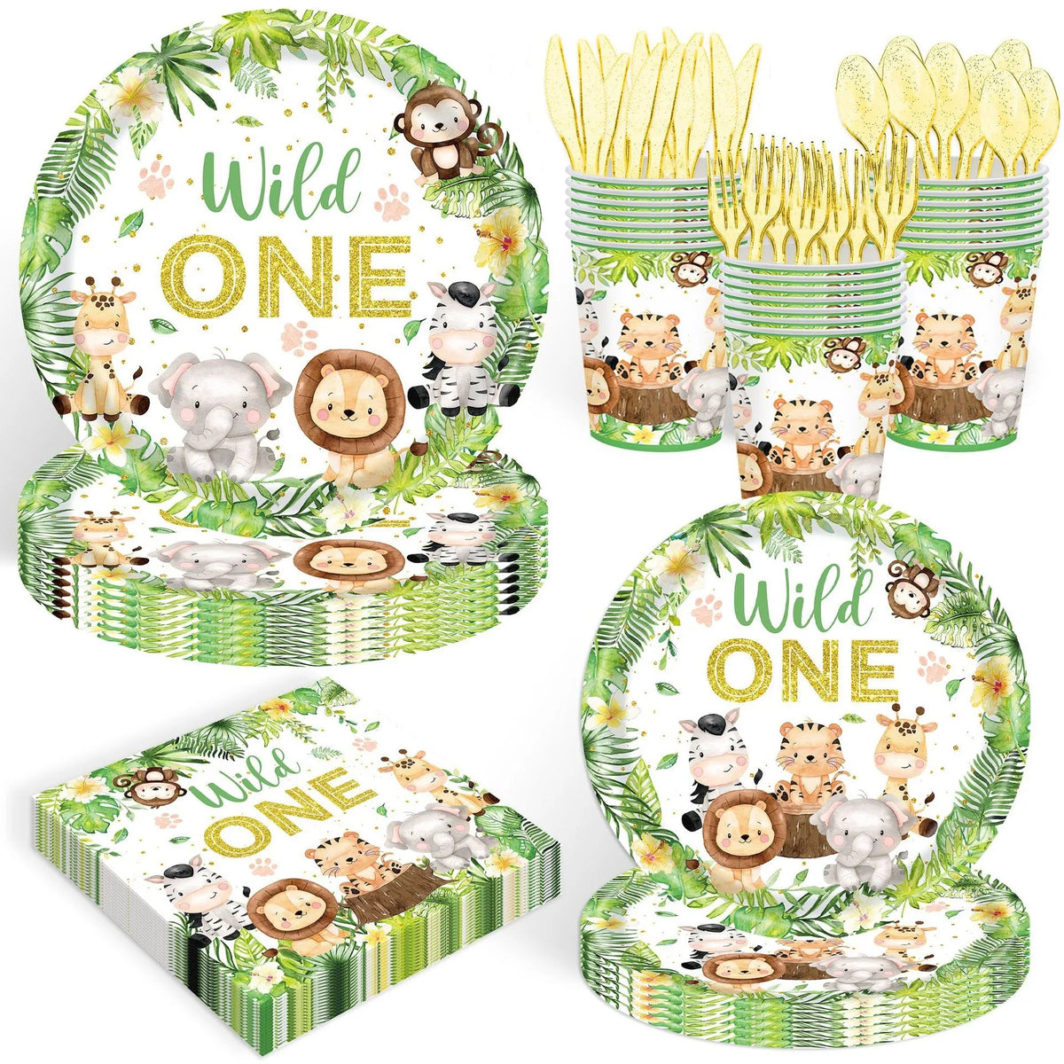 assiettes serviettes gobelets guirlande nappe animaux sauvages feuilles palmier lettrage wild one vert beige