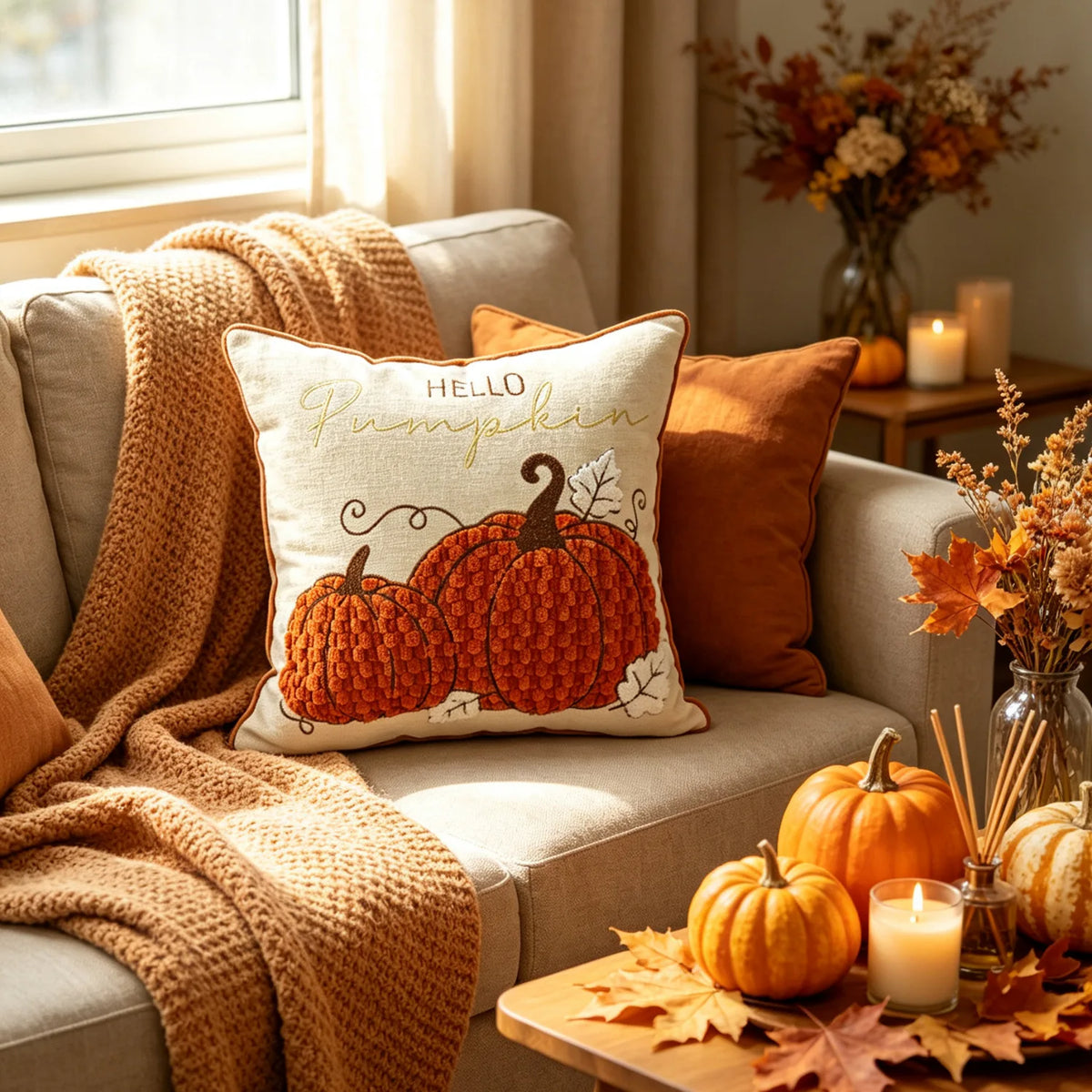 coussin orange beige citrouilles feuilles broderie 3d automnal zippé invisible décoratif atelier maison