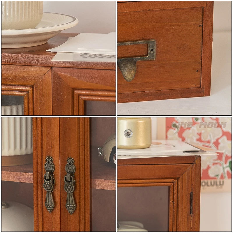 armoire deux portes vitrées tiroirs rangement bois classique horloge tasses miniature