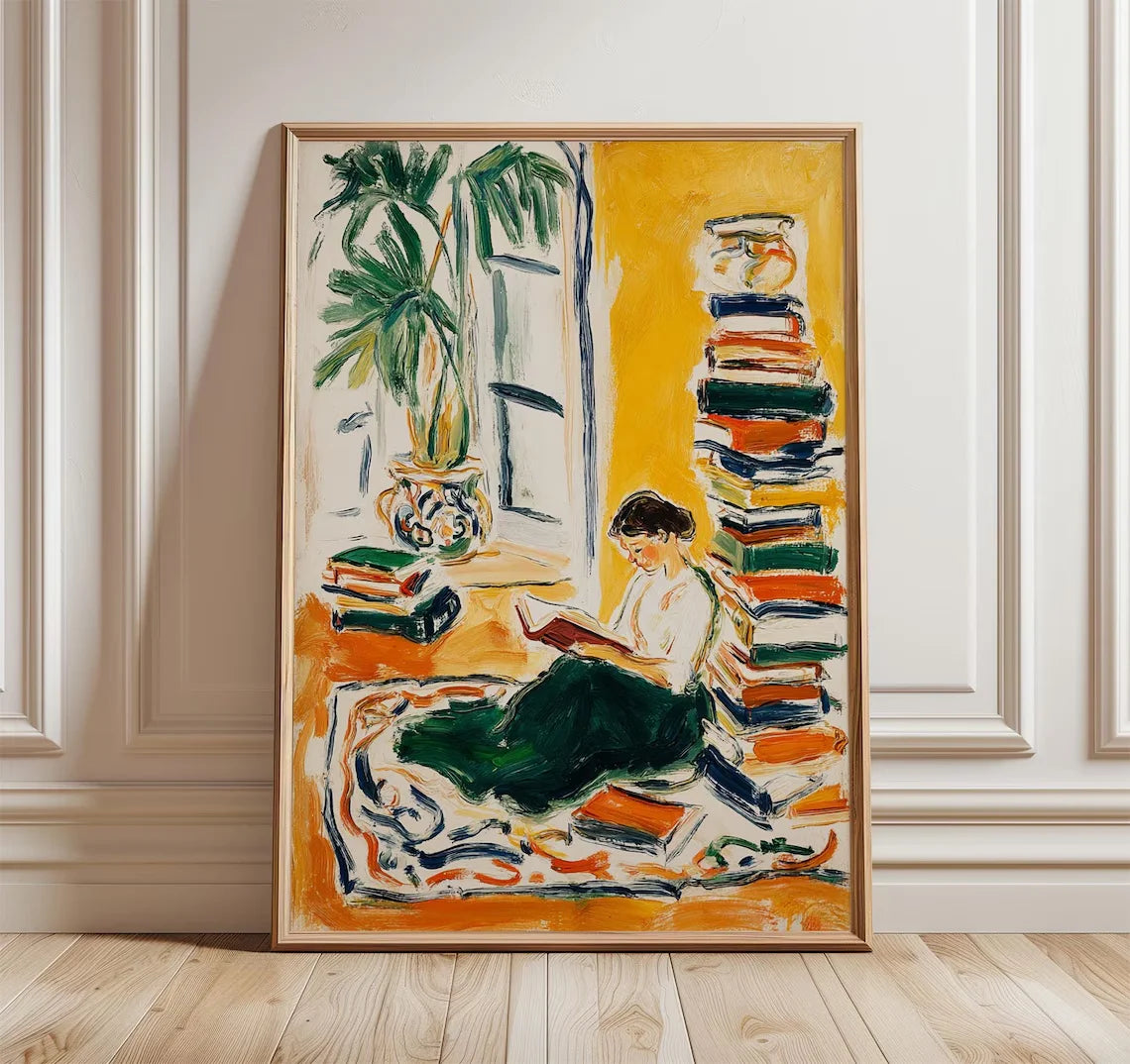 tableau moderne expressionniste abstrait jaune vert noir peinture intérieure décoration maison personnage livres plante