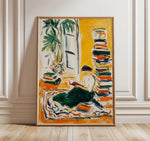 tableau moderne expressionniste abstrait jaune vert noir peinture intérieure décoration maison personnage livres plante