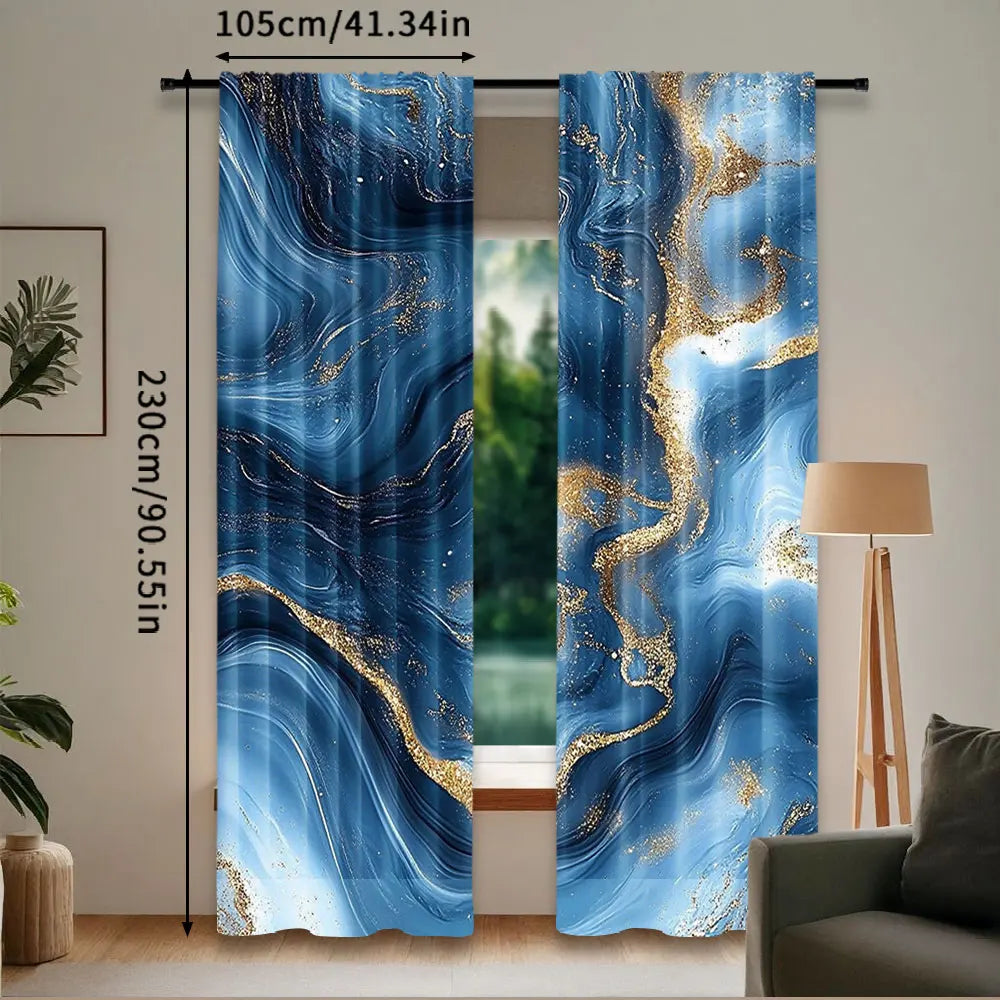 rideau moderne bleu doré marbré polyester opaque deux panneaux effet liquide élégant