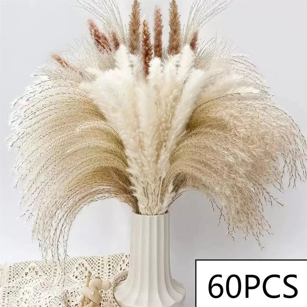 bouquets séchés naturels feuilles fines fleurs blanches plumes beige rustique décoration maison anniversaire baby