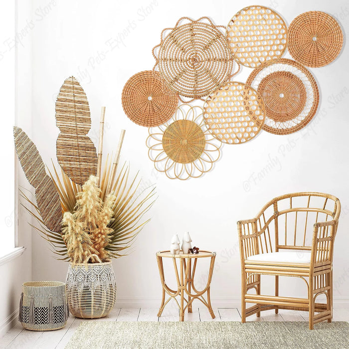Set de 7 paniers rotin décoration murale boho suspendus gris clair