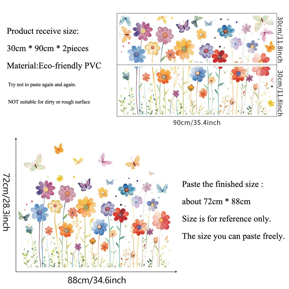 sticker mural fleurs papillons watercolor multicolore decoratif enfantin adhésif salon chambre deco maison