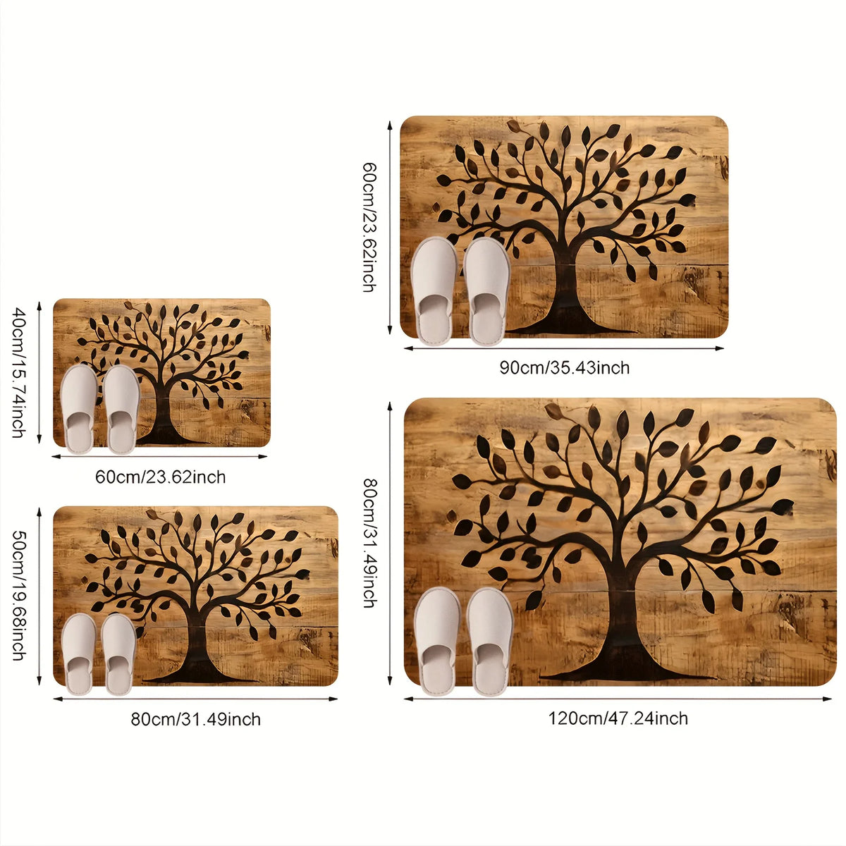 tapis sol rustique arbre stylisé texture bois brun clair noir salon bain imperméable antidérapant