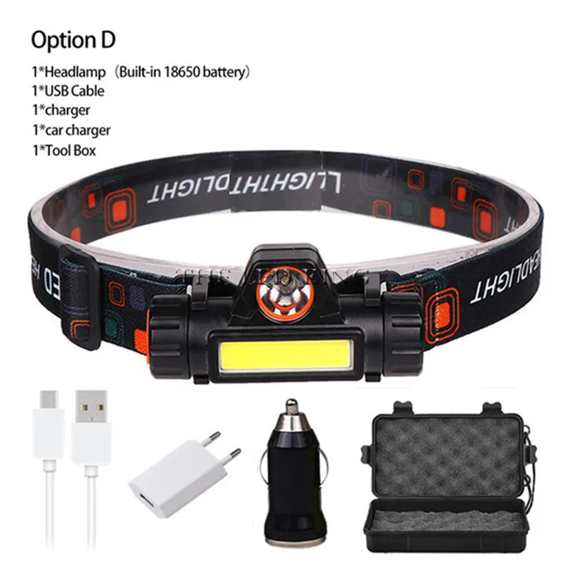 lampe frontale led noir bandeau ajustable 1500lm 2000lm 18650 batterie charge usb camping chasse