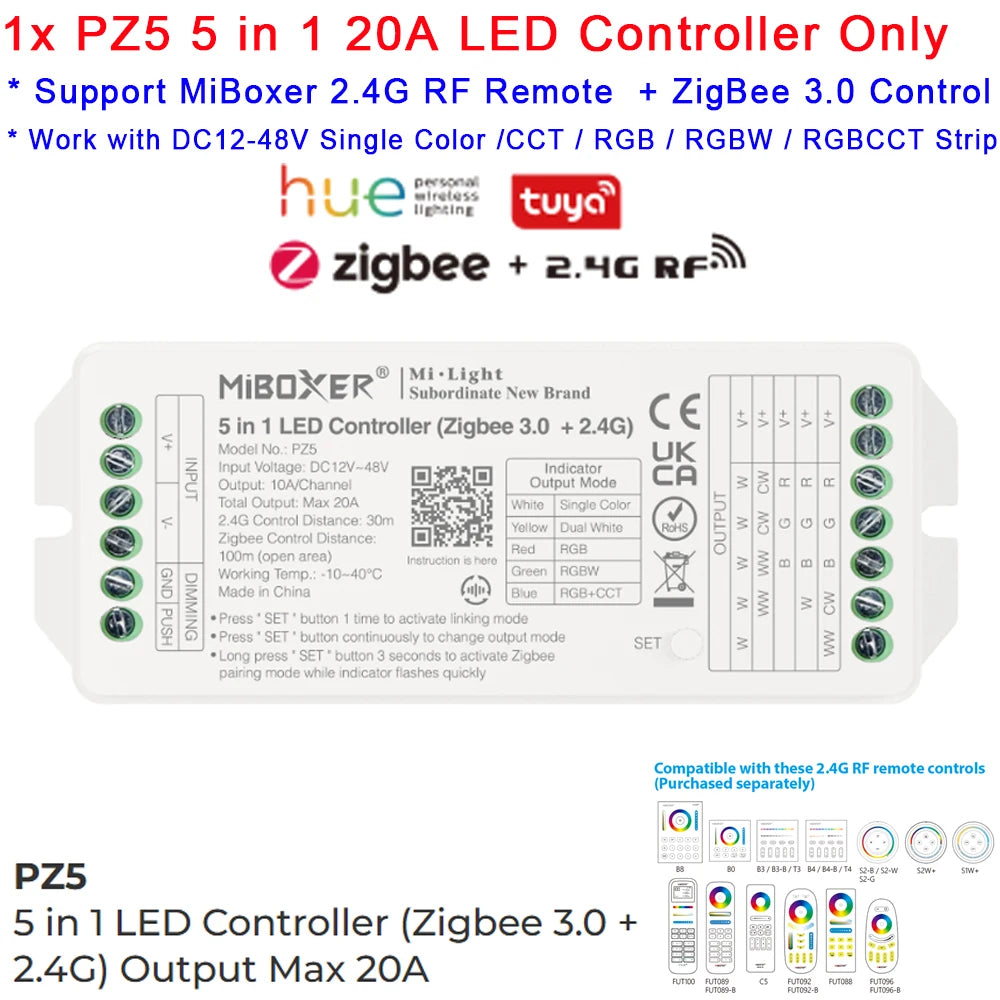 contrôleur led zigbee 3.0 wifi rgb rgbw rgb+cct 20a max charge moderne blanc