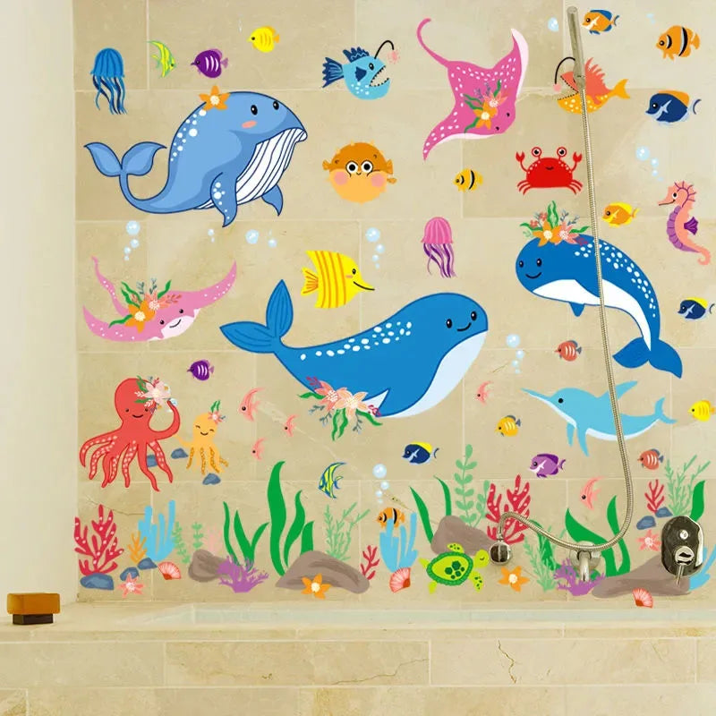 sticker mural marin dessin animé poissons algues coraux coquillages multicolore décoration salle bains