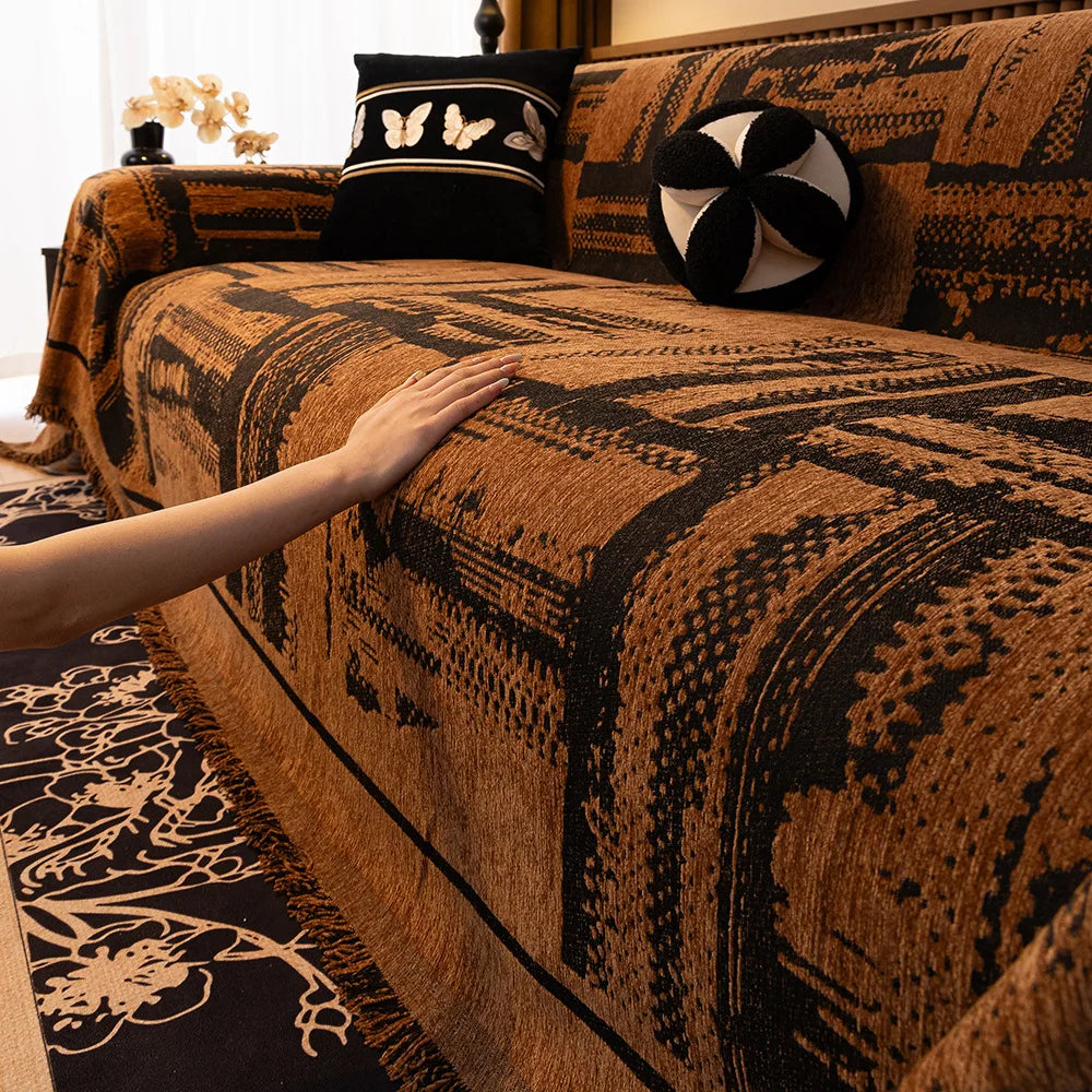 housse canapé universelle marron motif géométrique moderne tissu jacquard salon fauteuil grande taille