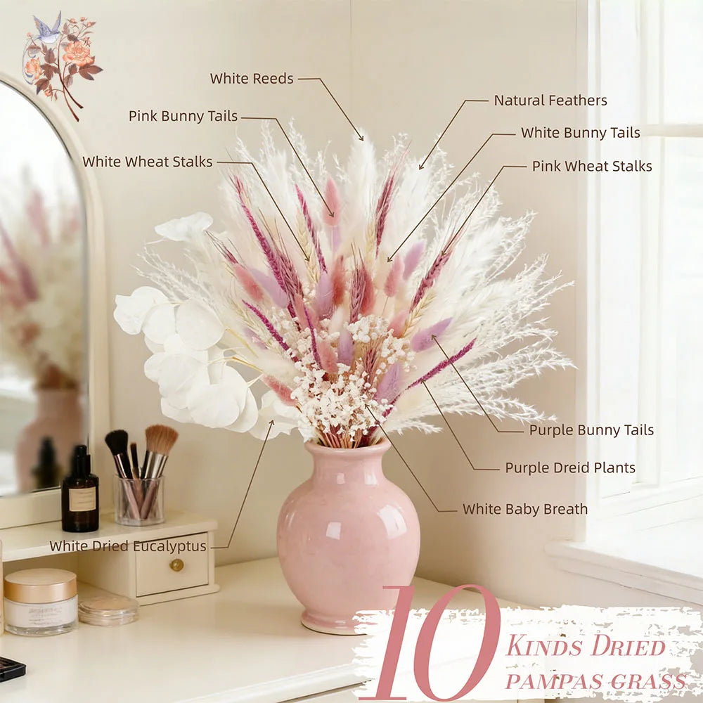 bouquet plumes graminées fleurs séchées blanc rose boho décoration intérieure anniversaire mariage