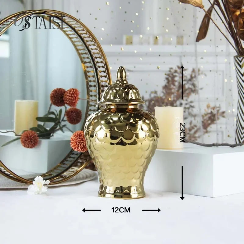 vases décoratifs modernes or blanc argentés motifs ronds couvercles assortis