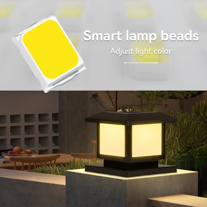Lanterne solaire allumée avec lumière chaude sur une terrasse le soir