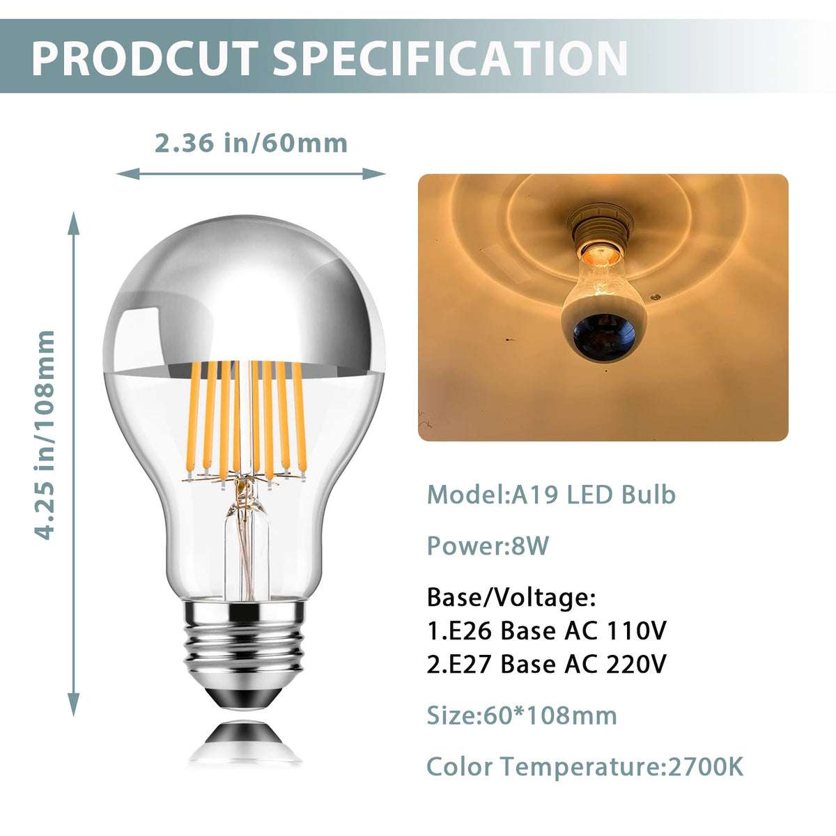 ampoules led argentées filament doré vintage e27 2700k 6500k 20000h