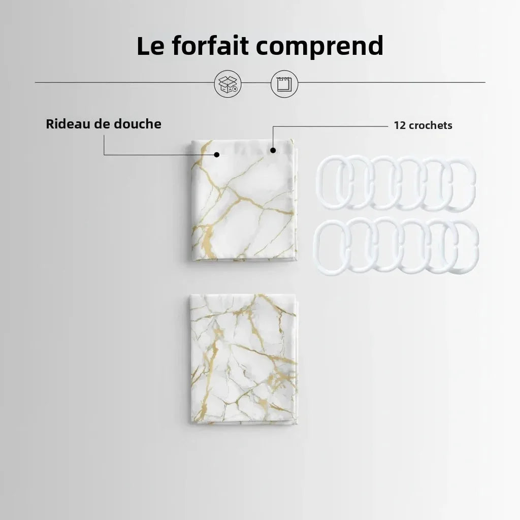 rideau douche marbre blanc doré moderne 12 crochets opacité polyester salle bain decoration