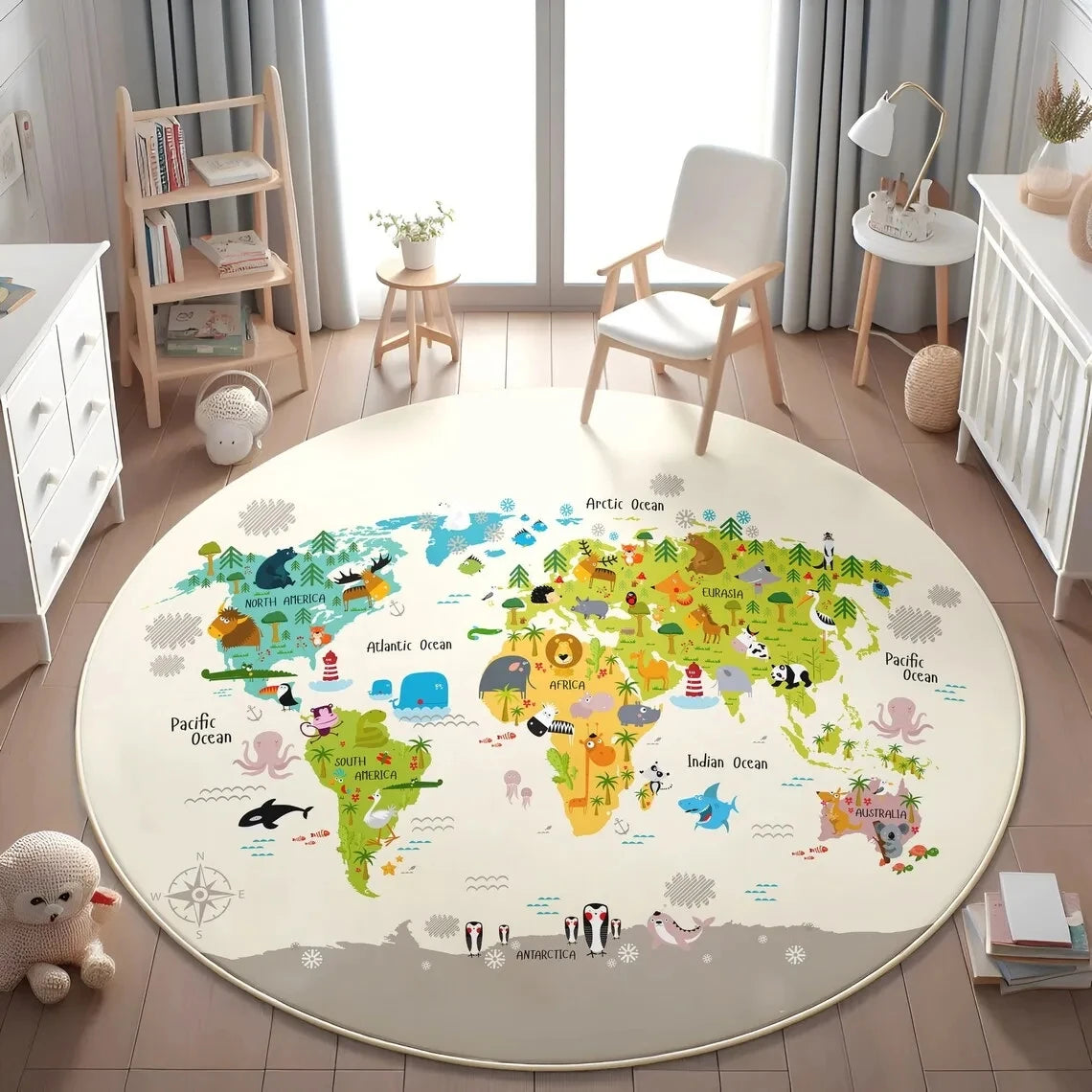 tapis rond moderne carte monde animaux motifs floraux bébé salon 80x80cm 120x120cm polyester