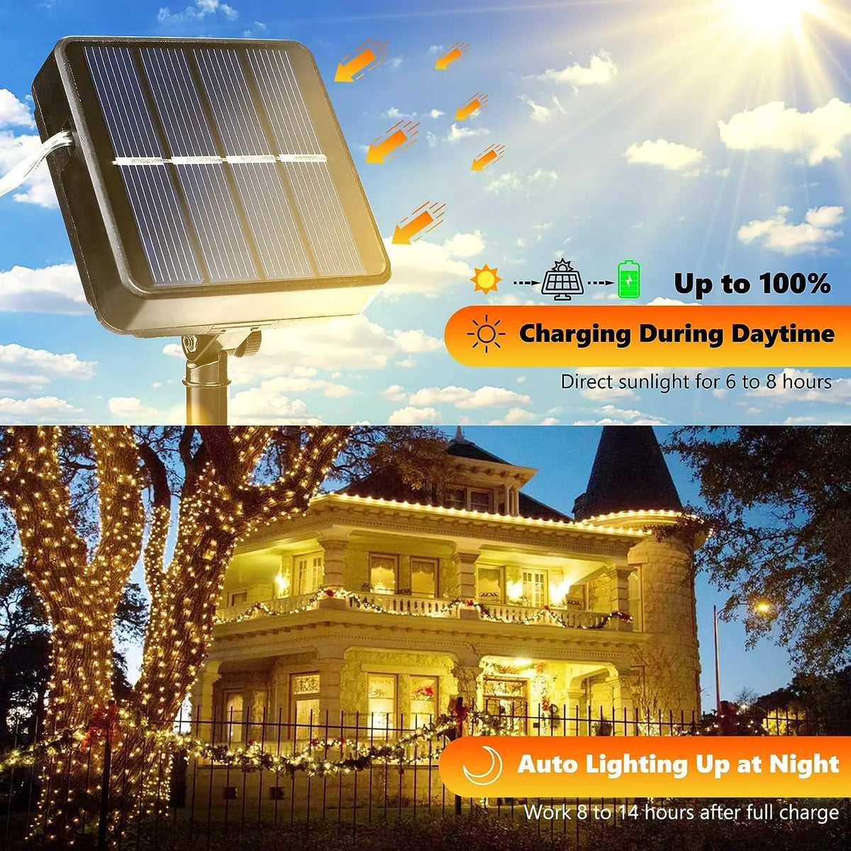 guirlande lumineuse solaire blanc chaud filament led moderne clips fixationextérieur ip65 50led