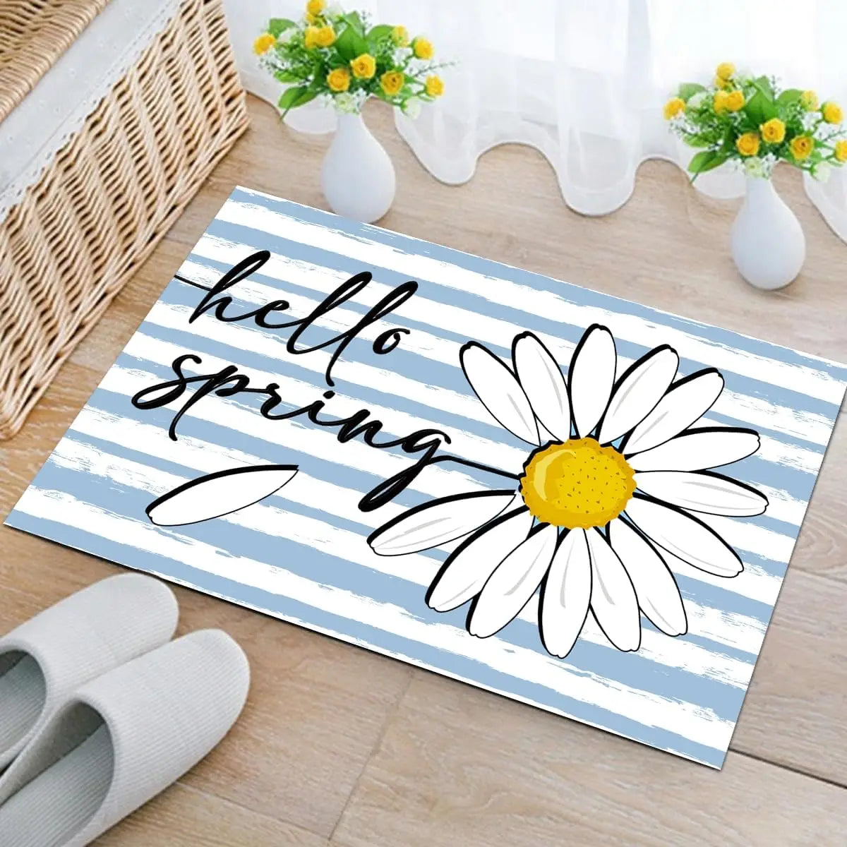 tapis antidérapant moderne motif marguerite hello spring blanc bleu jaune intérieur extérieur résistant lavage
