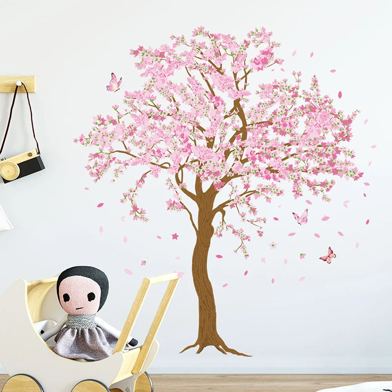 sticker mural fleurs cerisier papillons rose brun décoration enfant chambre salon familial