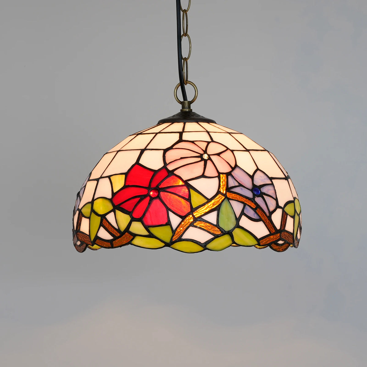 lampe suspendue tiffany fleurs stylisées multicolore rouge orange jaune vert noir adjustable chambre cuisine