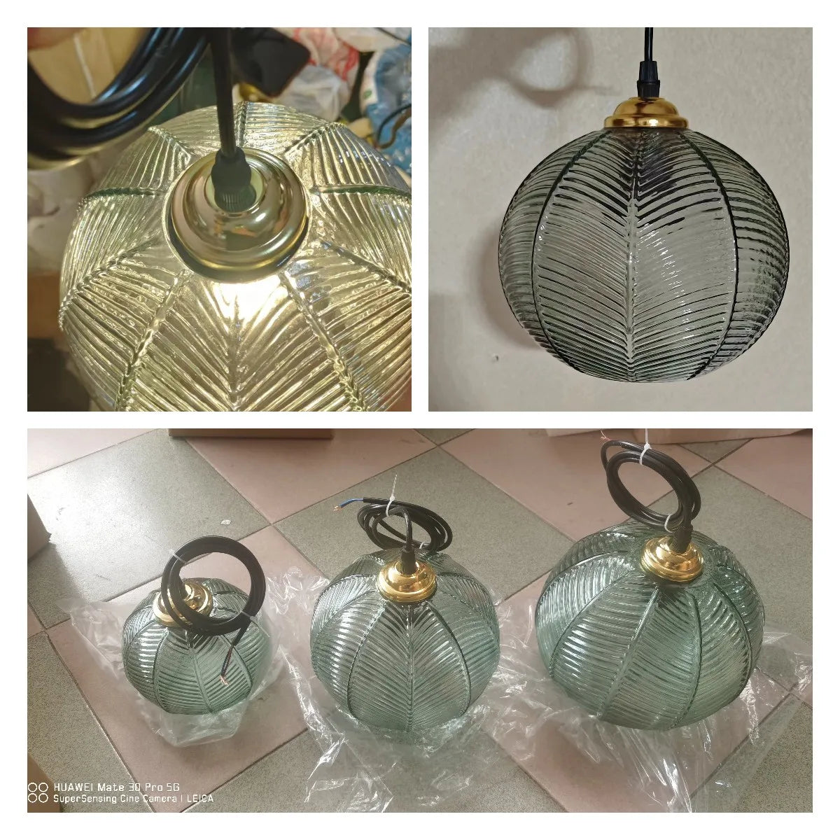 suspension lumineuse moderne élégante vert clair rayures horizontales transparente câble noir base métallique dorée