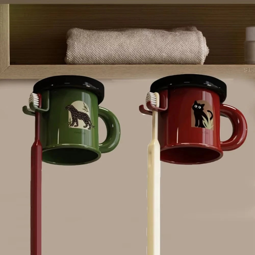 tasse imprimée léopard animal oiseaux texte classique verte rouge beige fixée brosse dentifrice