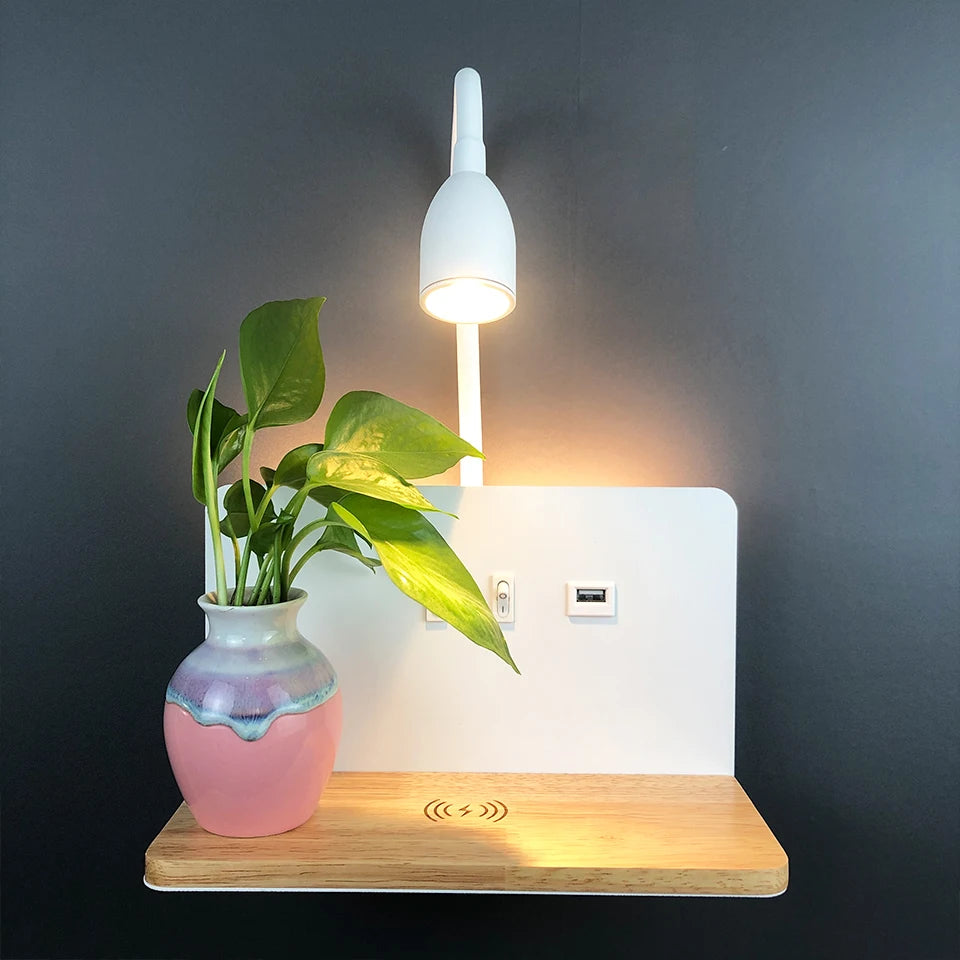lampe murale moderne chargeur sans fil étagère intégrée LED noir blanc