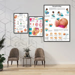 Trois affiches éducatives représentant le processus de la grossesse, de l'accouchement et de l'allaitement sont affichées sur un mur dans un intérieur moderne.