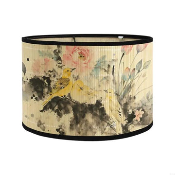 abat jour artisanal oiseaux fleurs branches beige noir jaune rose vert boucle métallique