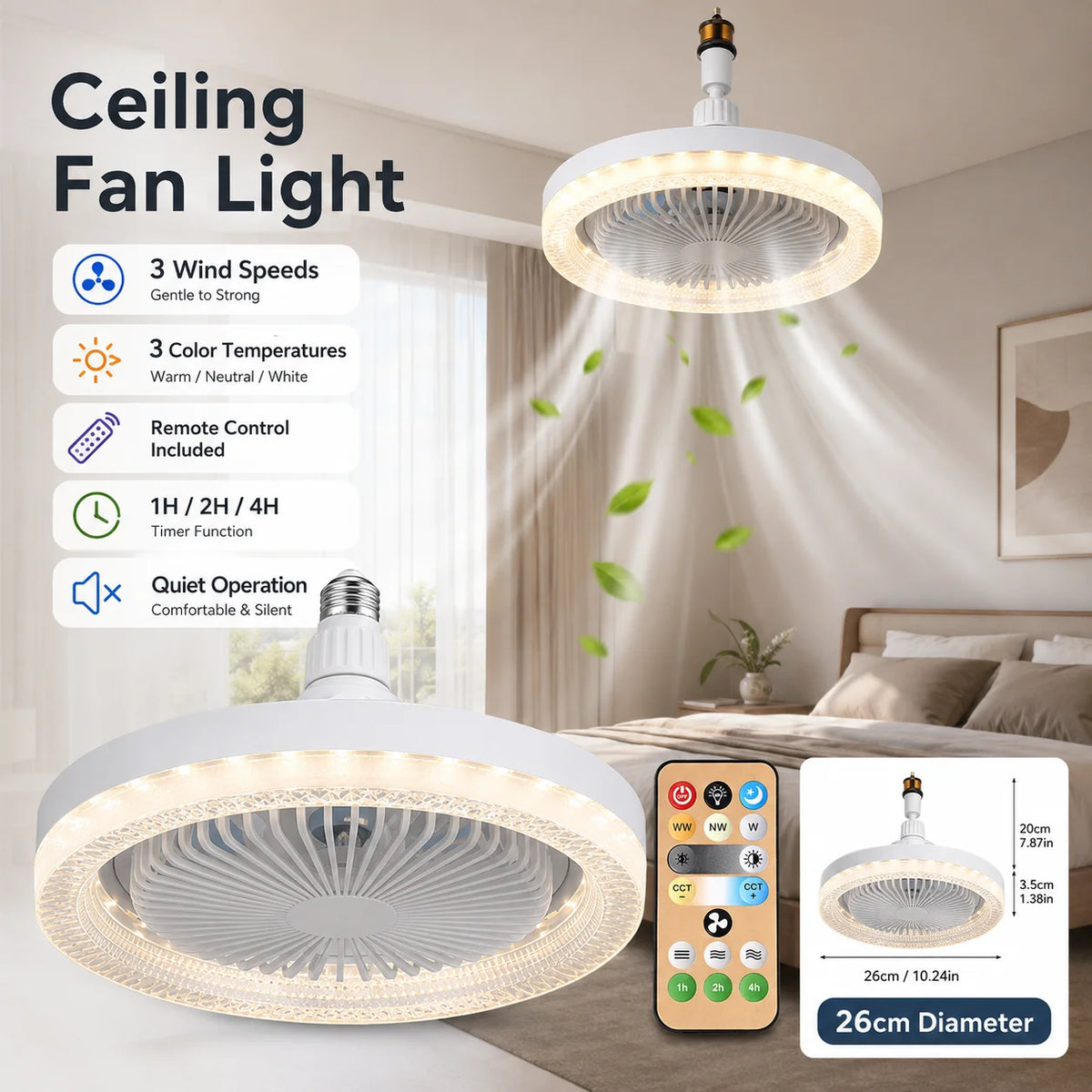 ventilateur lumière led blanc moderne vitesses réglables télécommande fixations suspension